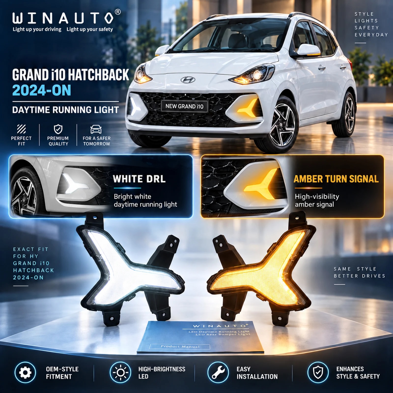 Hyundai Grand Hatchback i10 2024-2026 White Amber Drl