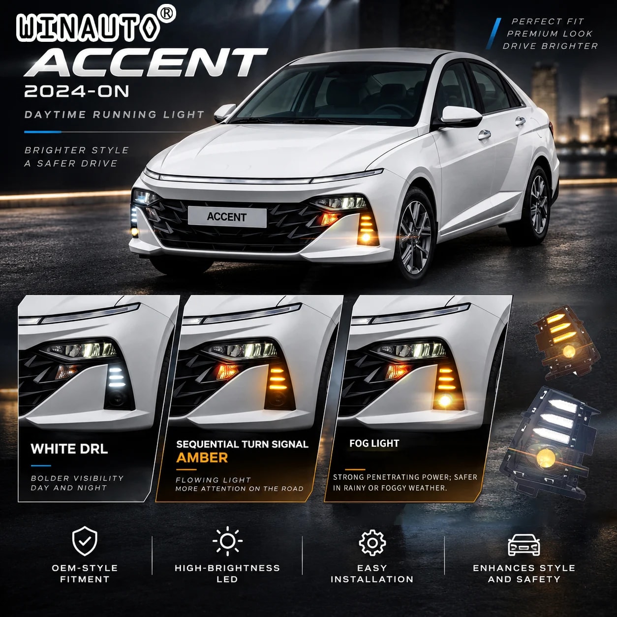 Hyundai Accent 2024–ON Dual-Color LED DRL & Halogen Fog Light Kit