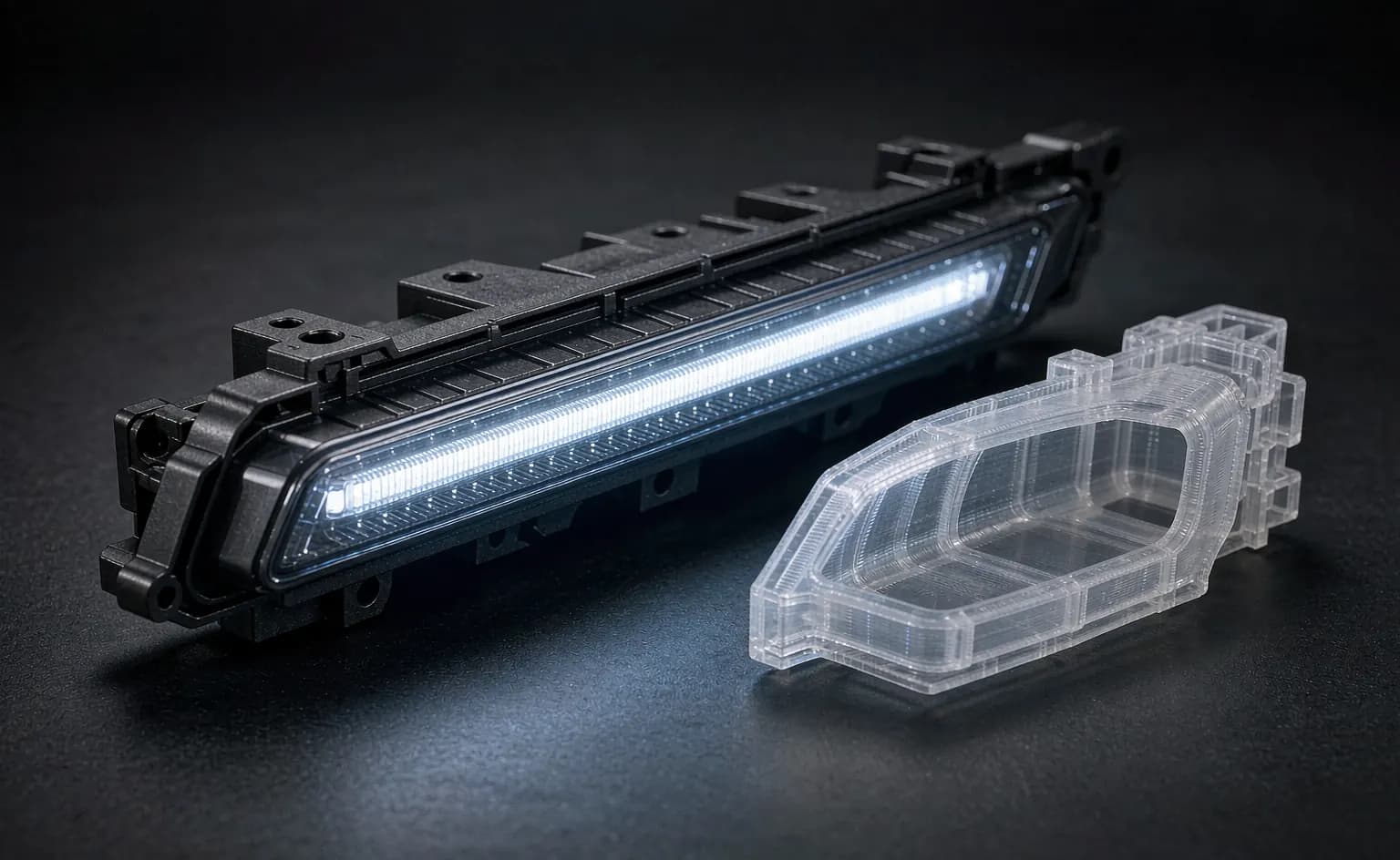 LED daytime running light module next to a 3D printed transparent lens prototype, illustrating rapid prototyping in automotive lighting development